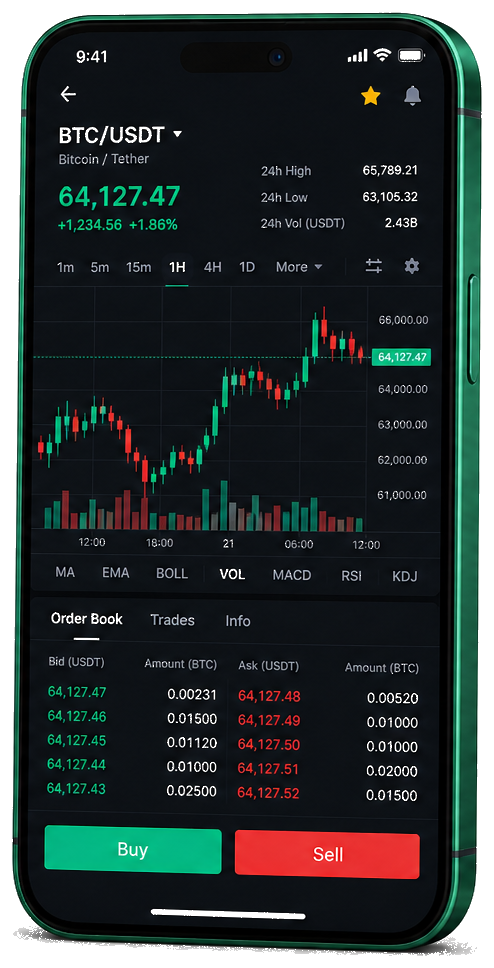 Application mobile Valoriai — graphique BTC/USDT en direct, carnet d’ordres et outils de trading
